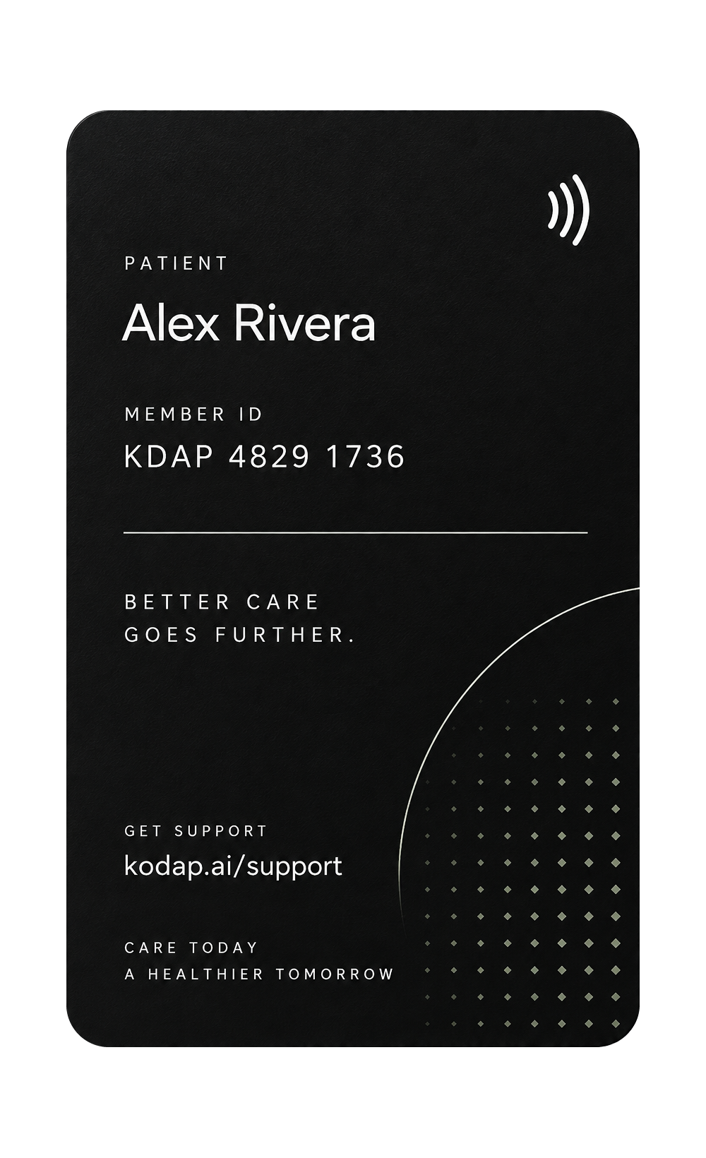 Back of the black Kodap concept card with a sample member name and contactless check-in symbol