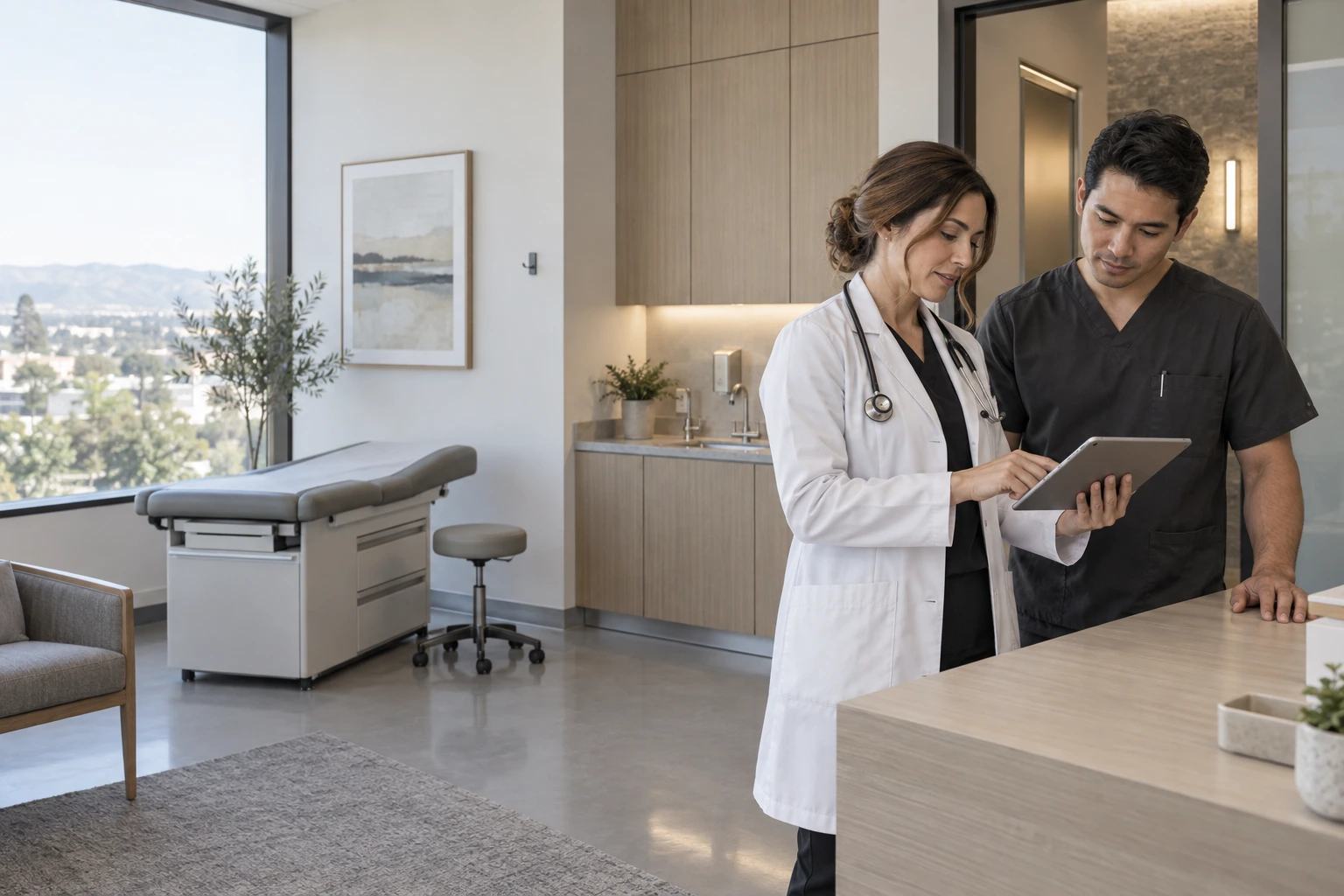 AI-generated concept photograph of a care team reviewing a tablet together