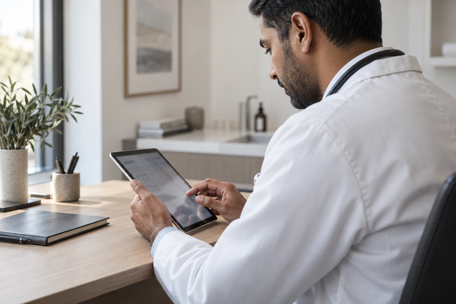 Concept scene of a clinician reviewing visit information on a tablet