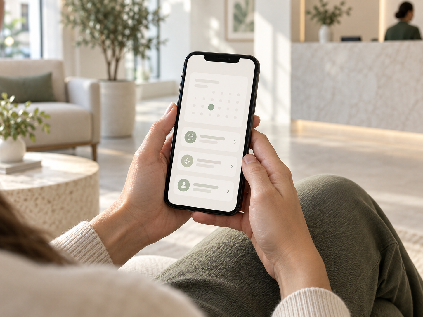 Concept photograph of a person using a phone in a calm clinic waiting area