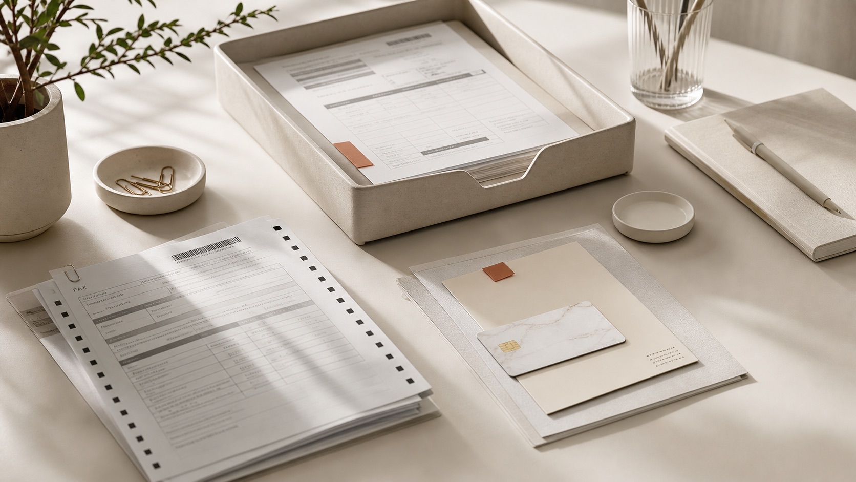 Organized referral documents, cards, and clinic intake paperwork on a muted modern desk